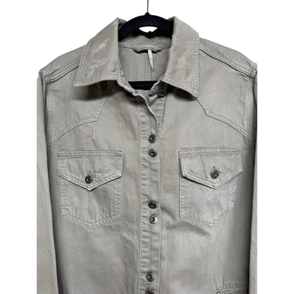 Free People Moonchild Denim Shirt Jacket Distressed Olive Women's Size Large - Picture 3 of 14